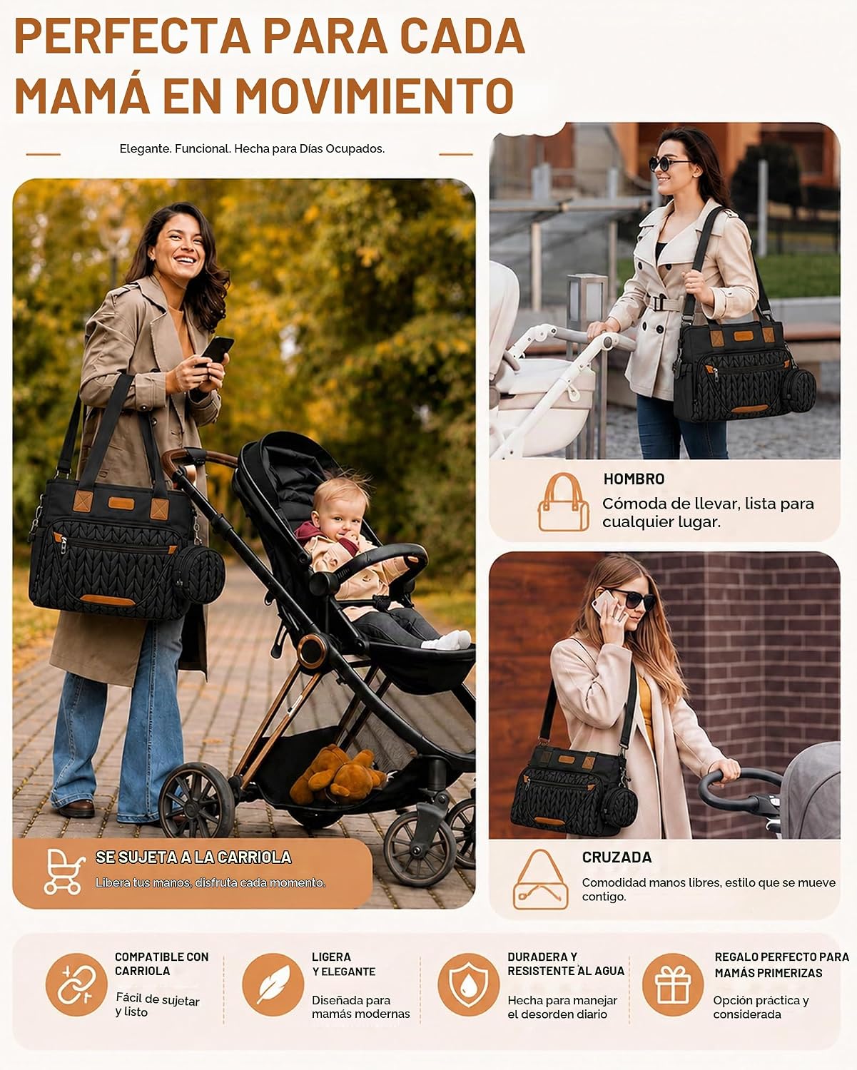 FHELAD Bolsa de pañales para mujer, bolsa de bebé con compartimento...