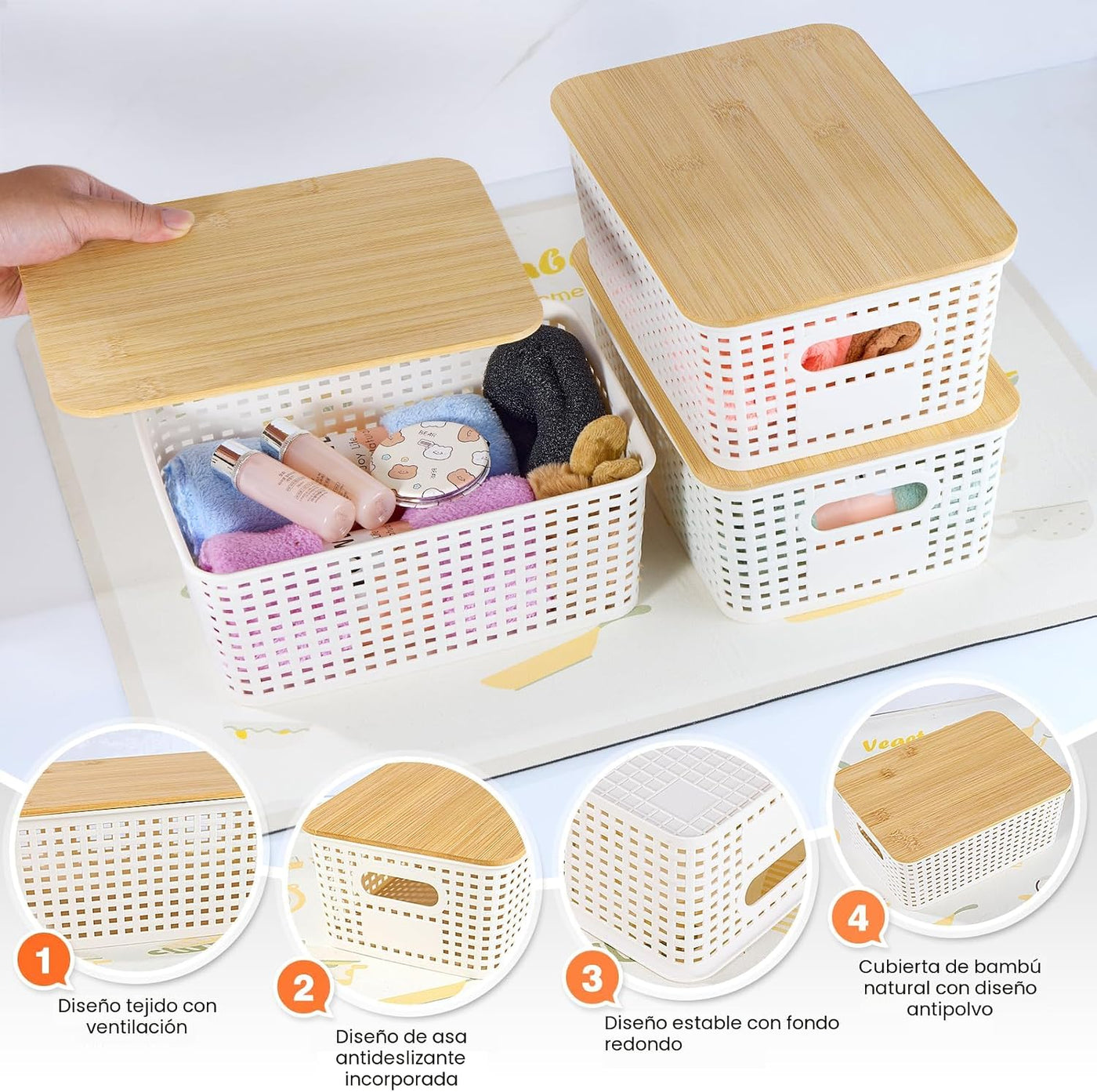Ohmlove - Cestas de almacenamiento de plástico con tapa de bambú -...