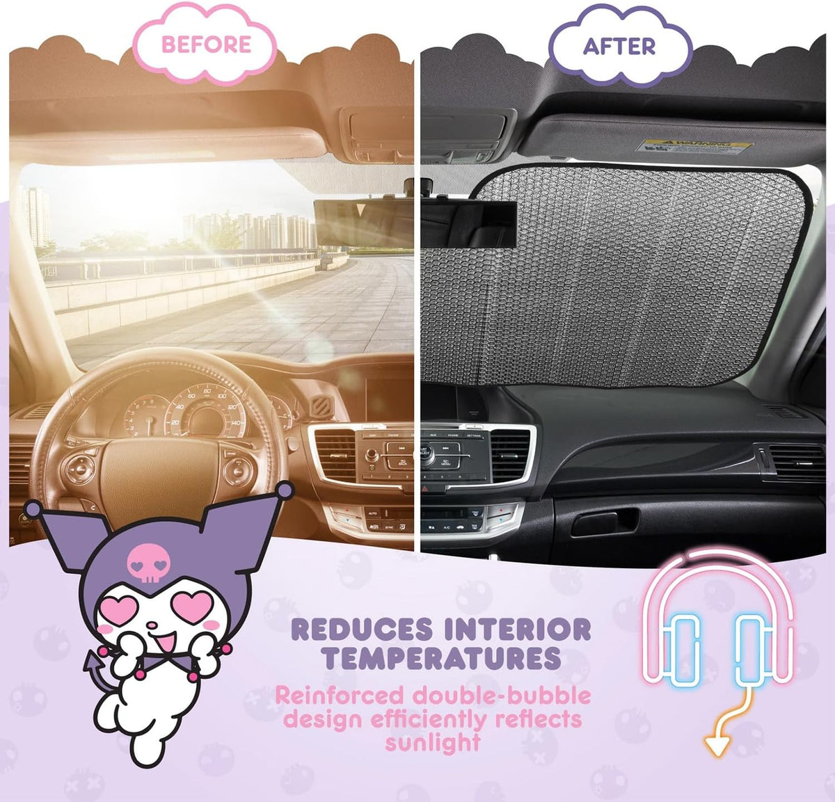 Kuromi - Juego de parasoles para automóvil, paquete de accesorios d...
