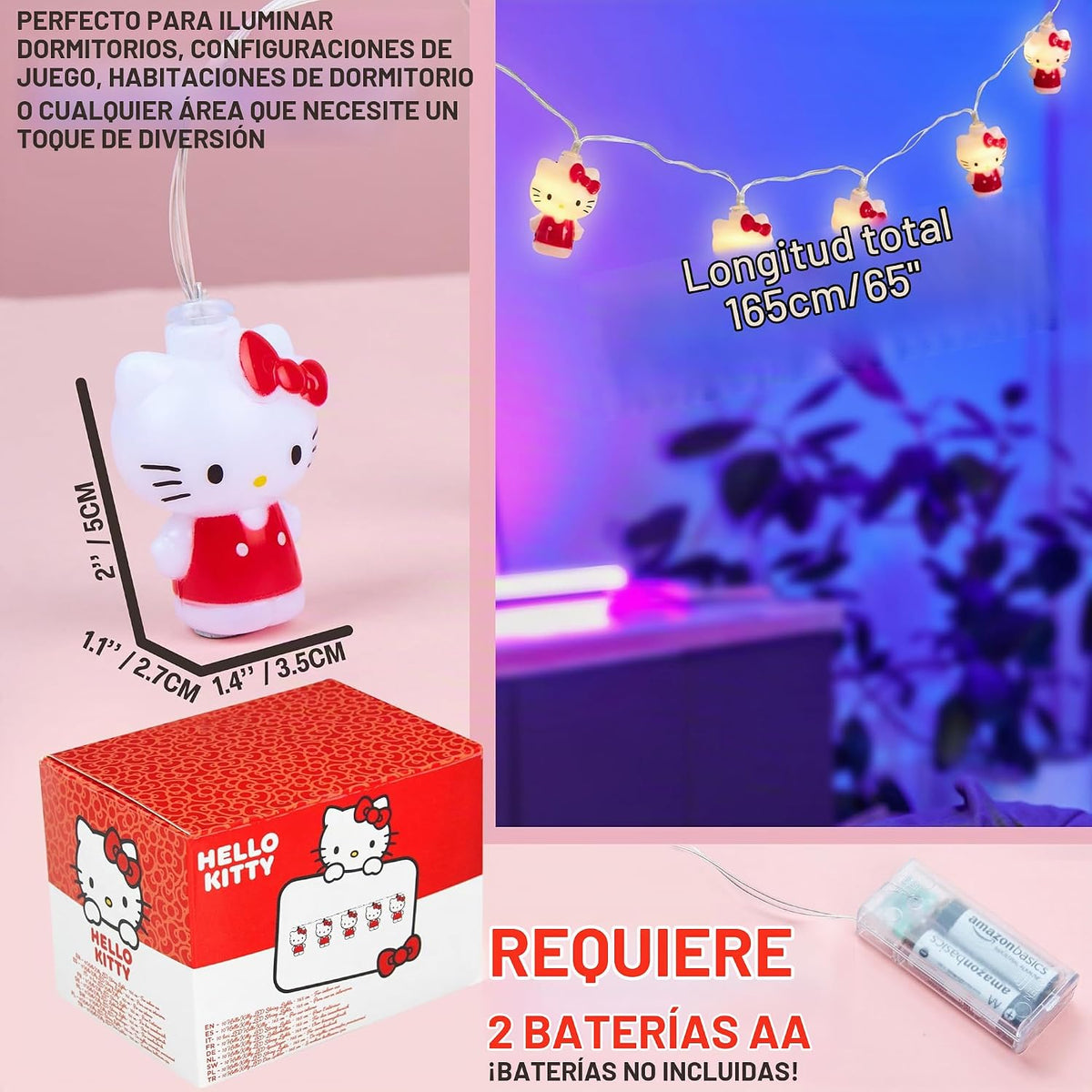 Hello Kitty Sanrio Luces LED para dormitorio, guirnalda de luces pa...