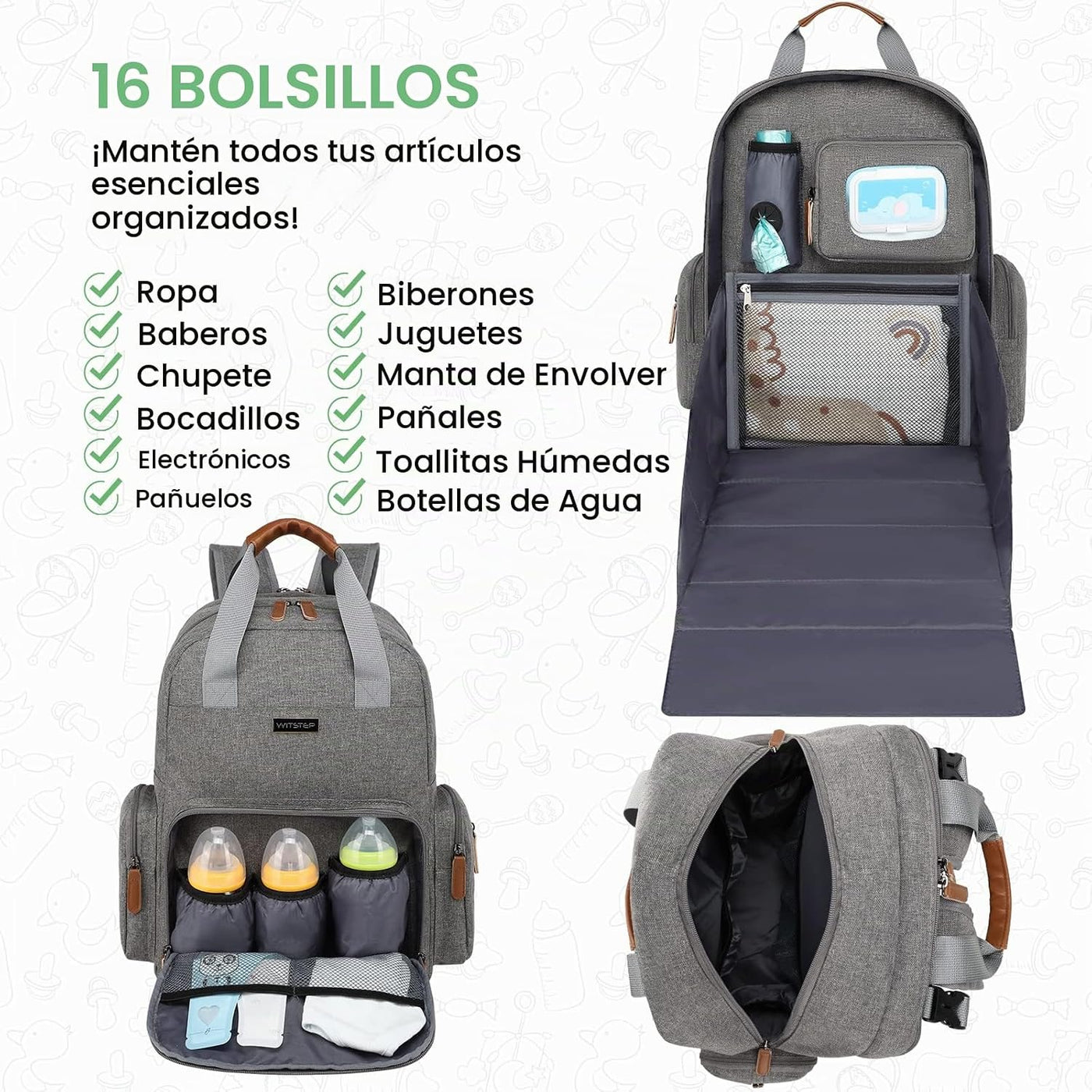 WITSTEP Mochila para pañales con cambiador, organizador de bolsas d...