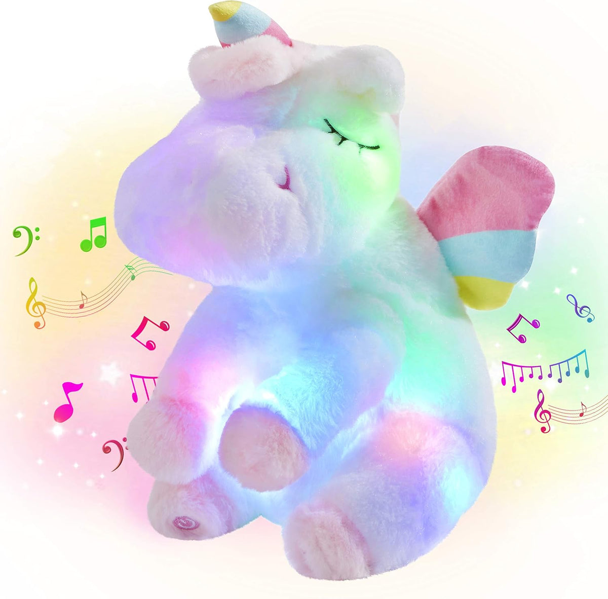 Athoinsu Unicornio de peluche musical con luces LED, suave y con pe...