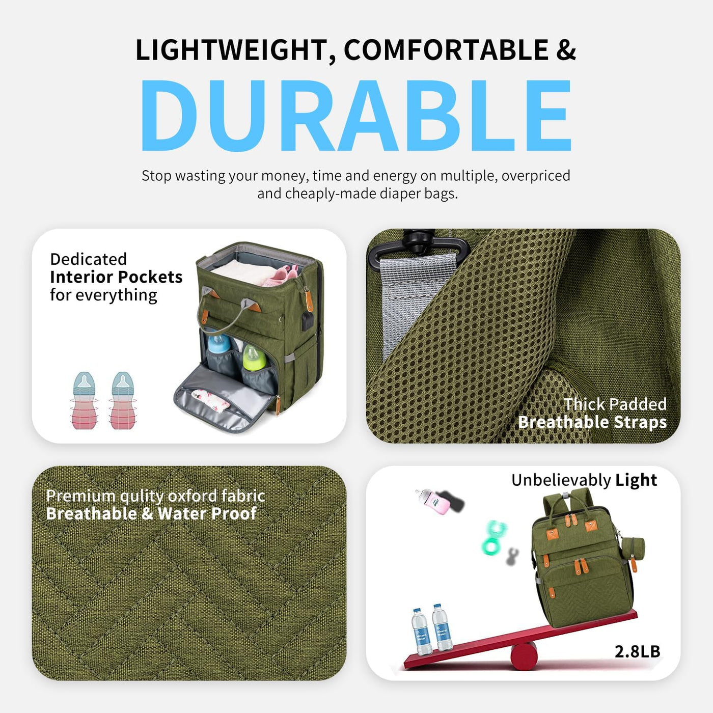 KABAQOO Mochila para pañales con estación de cambio desmontable, bo...