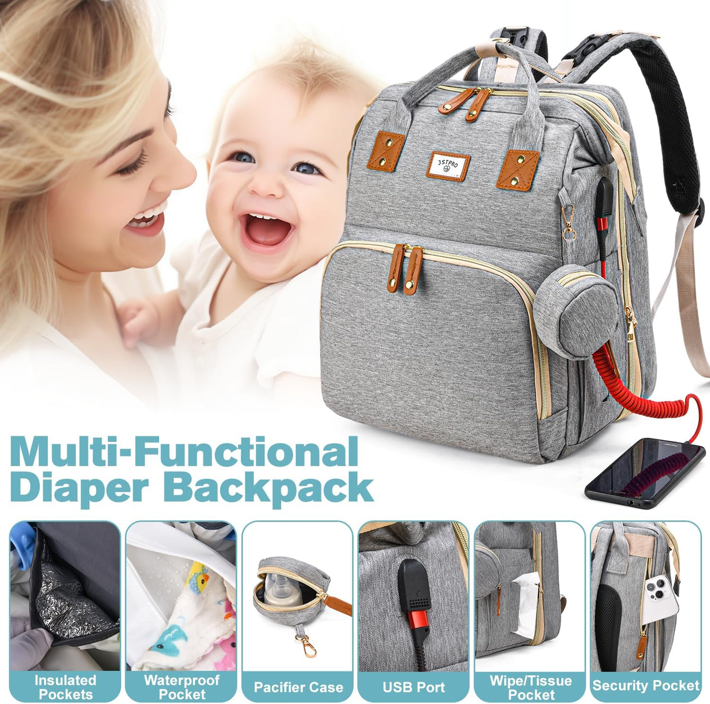 JSTPRO Mochila para pañales con cambiador, capacidad de 25 litros,...