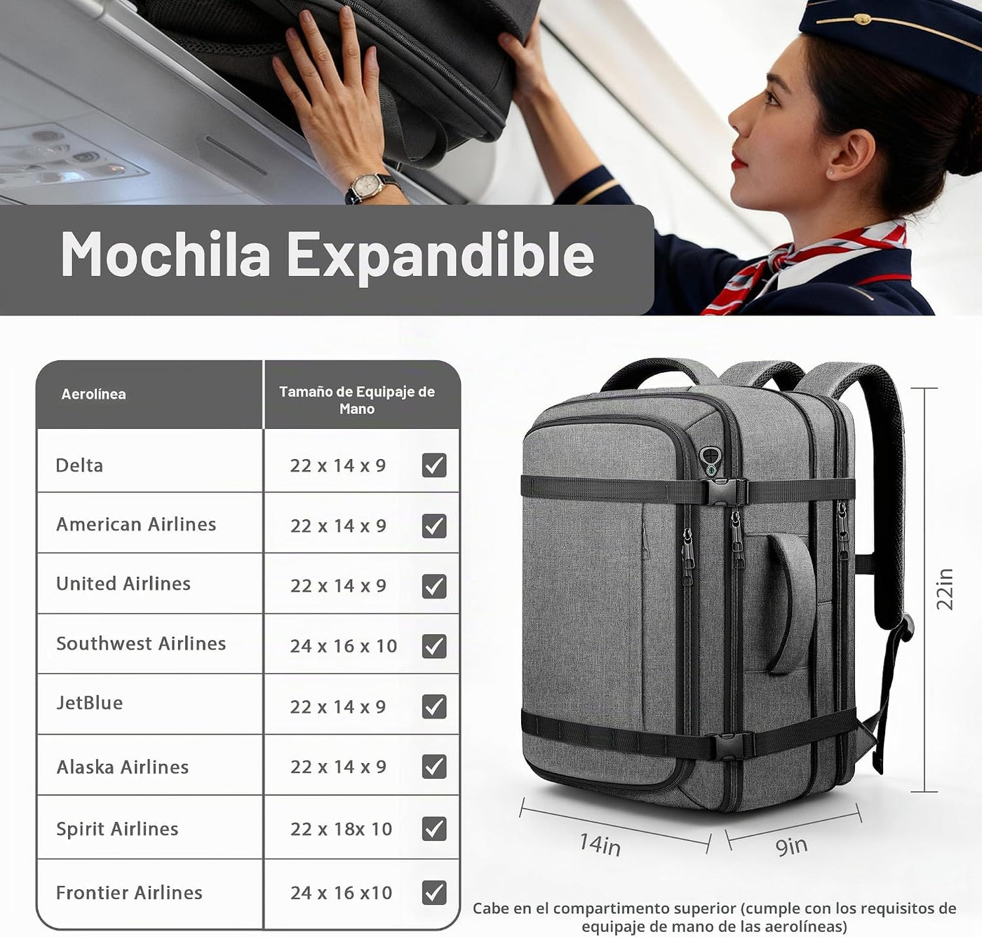 HULVION Mochila de viaje, mochila de mano expandible resistente al...