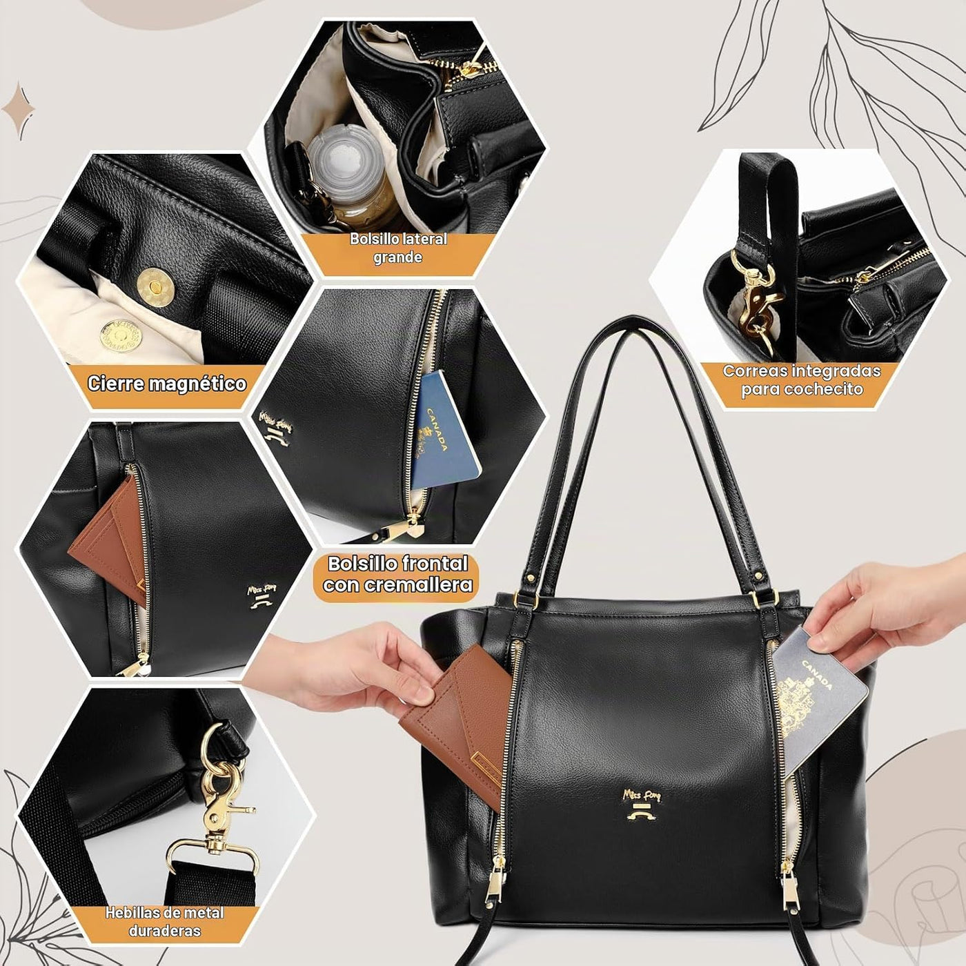 miss fong Bolso de cuero para pañales tipo mochila, bolso grande de...