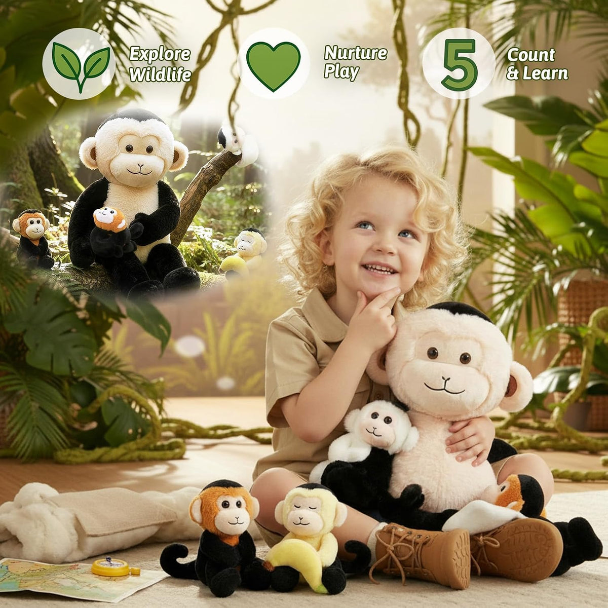 Mono de peluche de 5 piezas, 19.3 pulgadas, pulsera abrazable para...