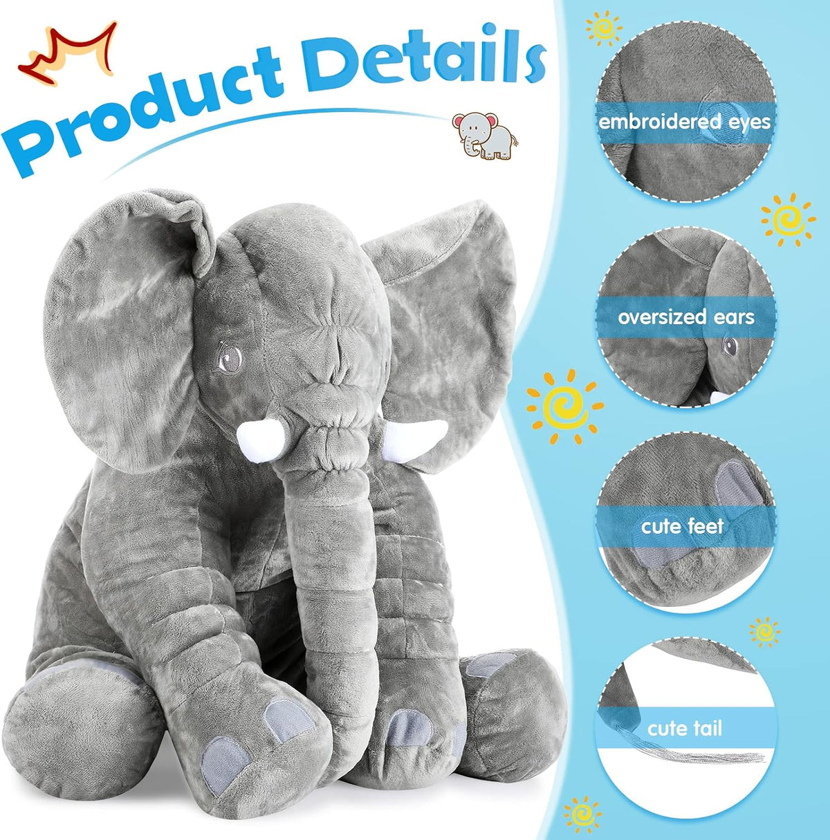 Yulejo Elefante gigante de peluche de gran tamaño de 23.6 pulgadas,...