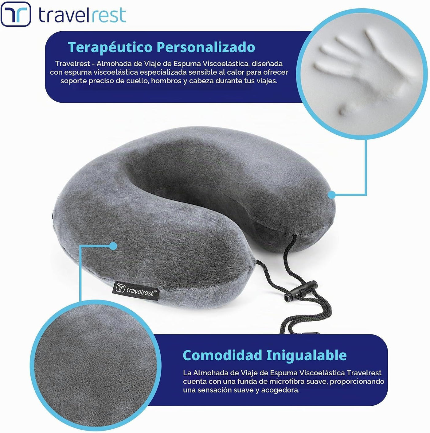 Almohada terapéutica de viaje Travelrest, viscoelástica, de felpa,...