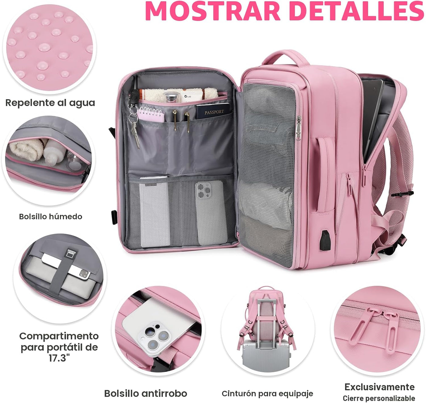 Rcrirth - Mochila de viaje para mujer, color rosa | Bolsa de mano e...