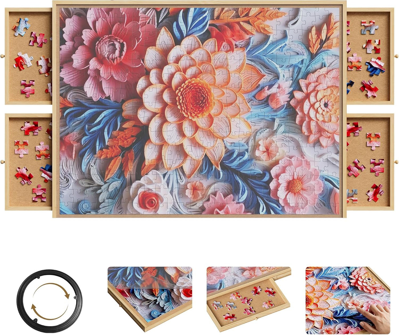 1500 Piece Rotating Puzzle Board with 6 Drawers & Cover, 27"x 35" Wooden Puzzle Table, Jigsaw Puzzle Organizer & Storage Tray, Gift for Puzzle Lover, Adults & Family Game Night