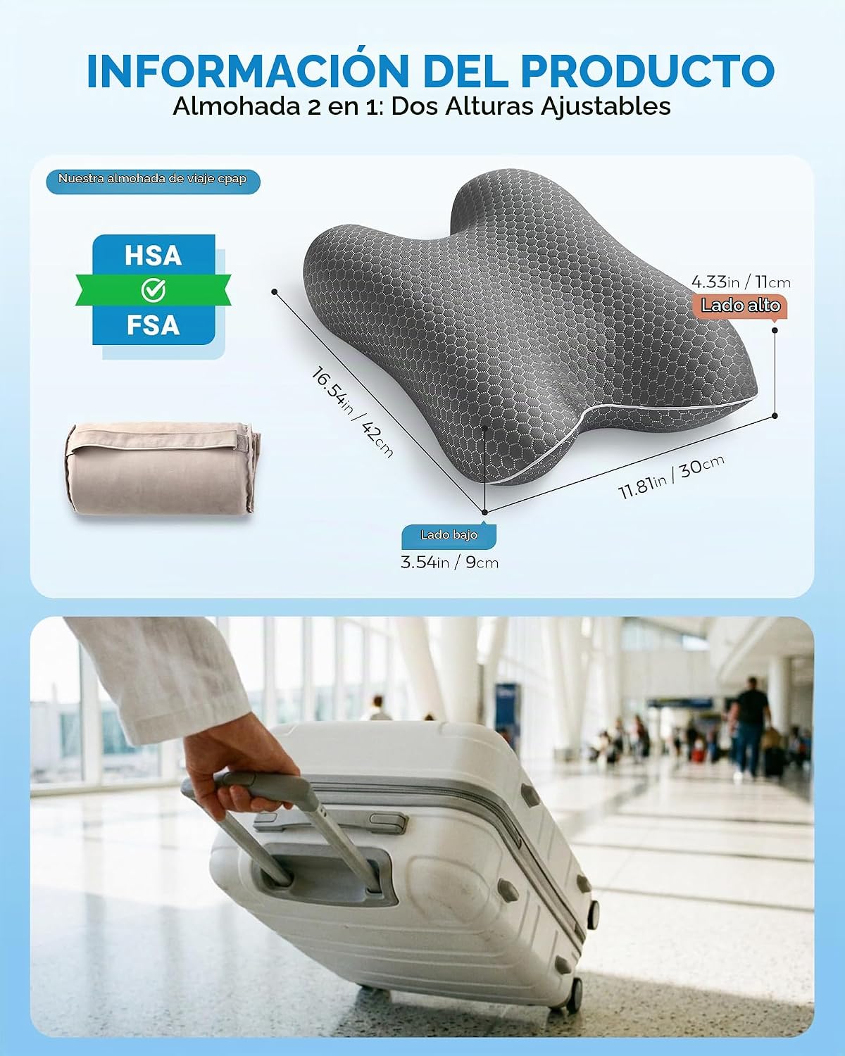 Elviros Almohada portátil CPAP para dormir de lado y espalda, almoh...