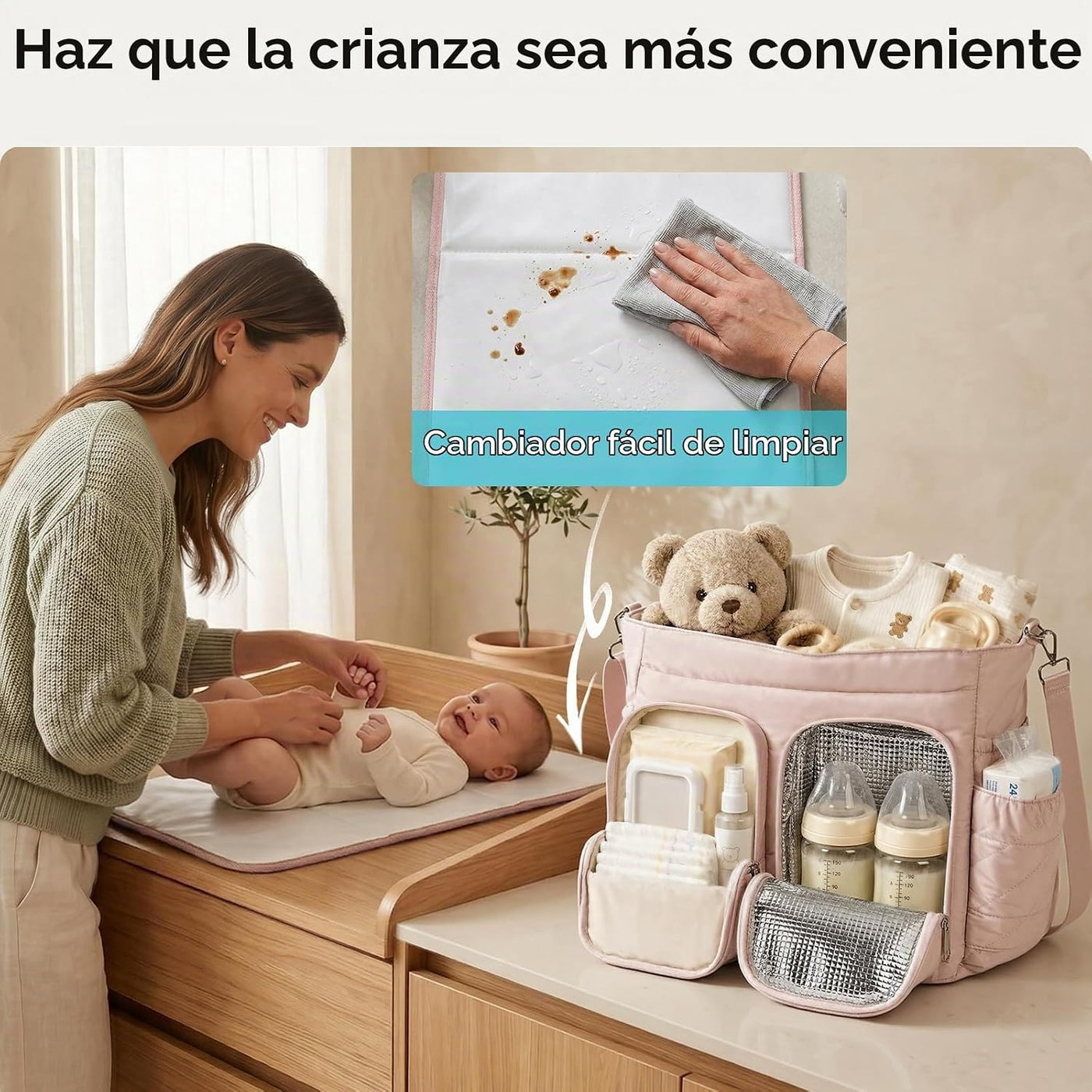 TOPEAST Bolsa de pañales, bolsa acolchada para bebé con bolsillos a...