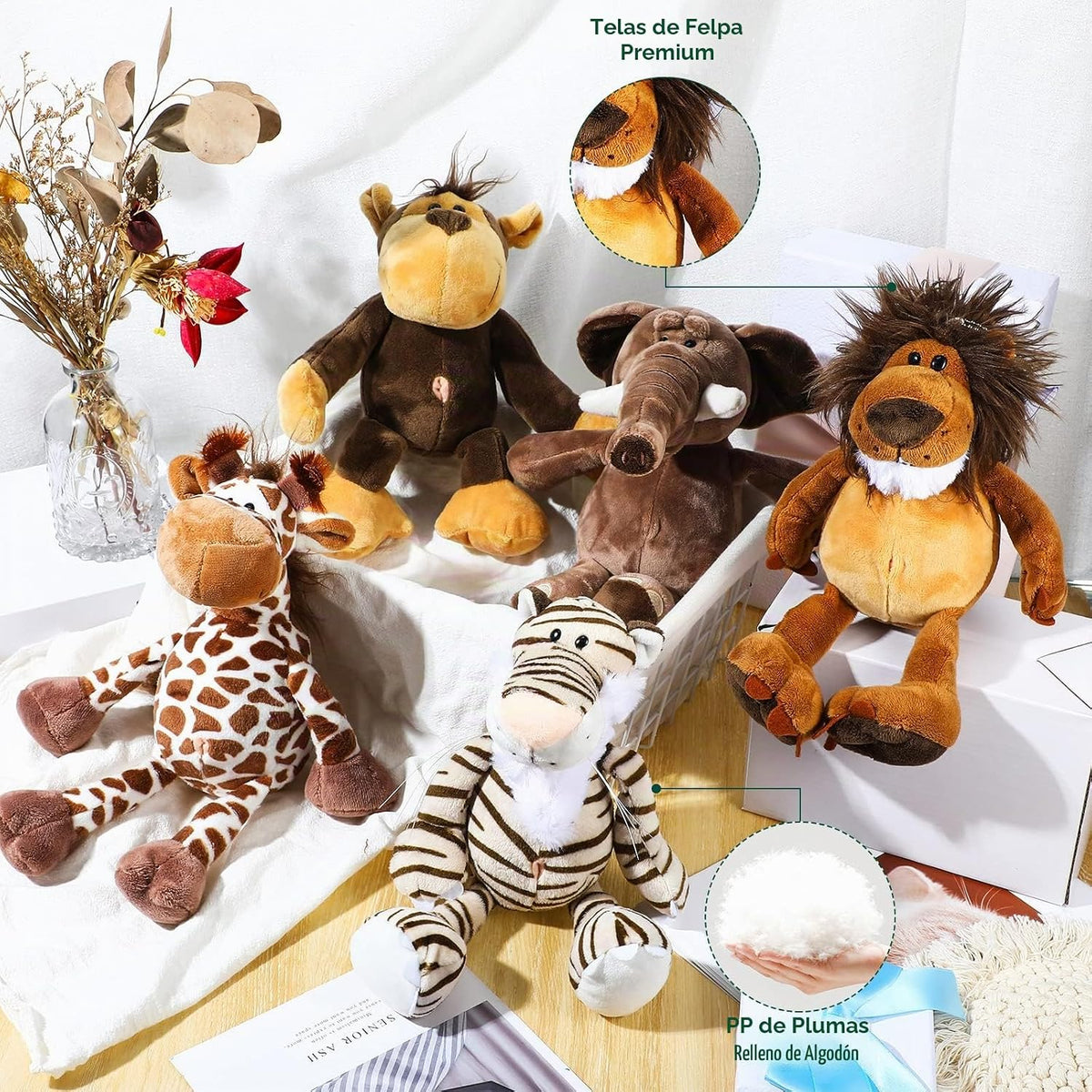 Zhanmai Juego de 6 juguetes de peluche de animales de safari de la...