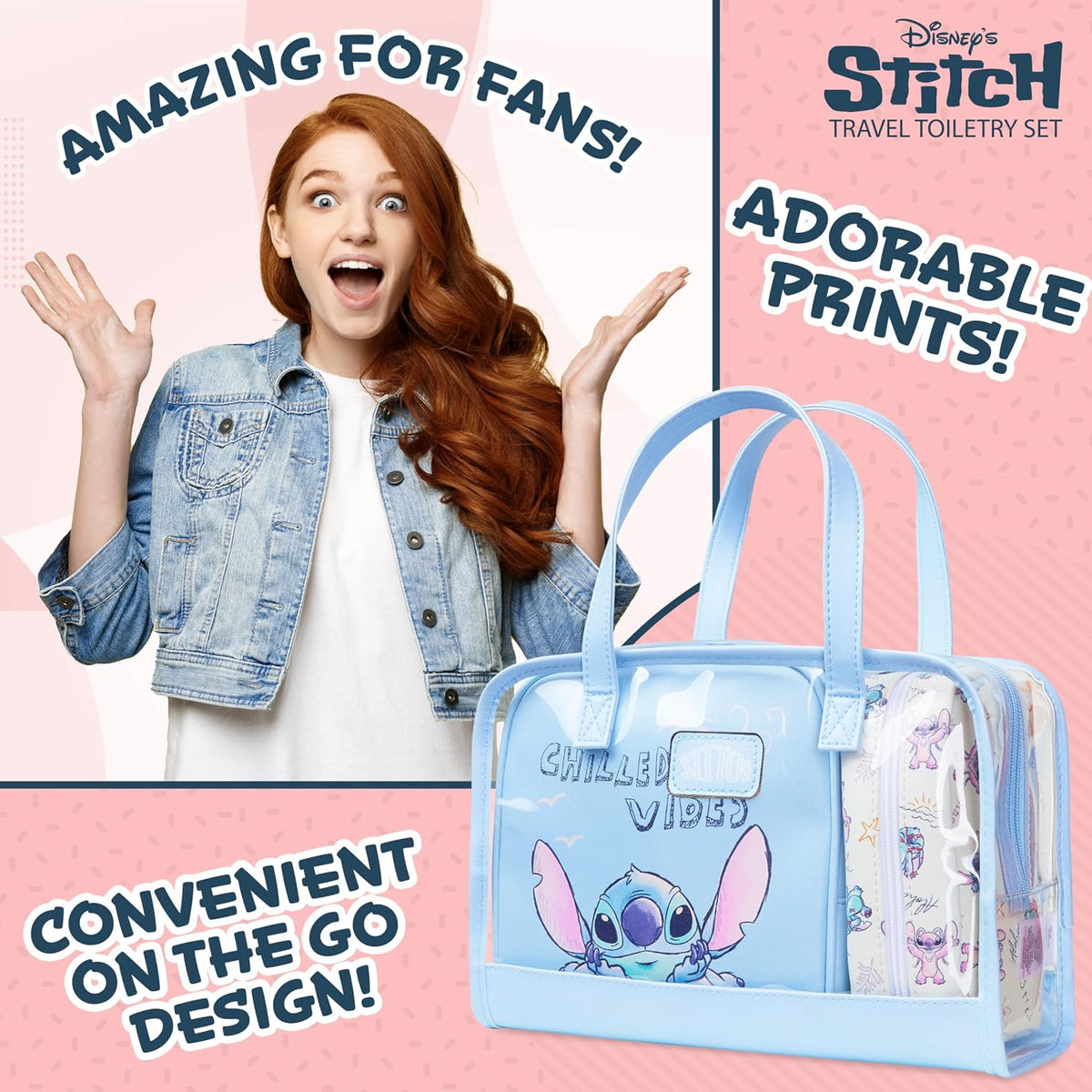 Disney Set de bolsa de aseo Stitch para mujeres y niñas, bolsa de c...