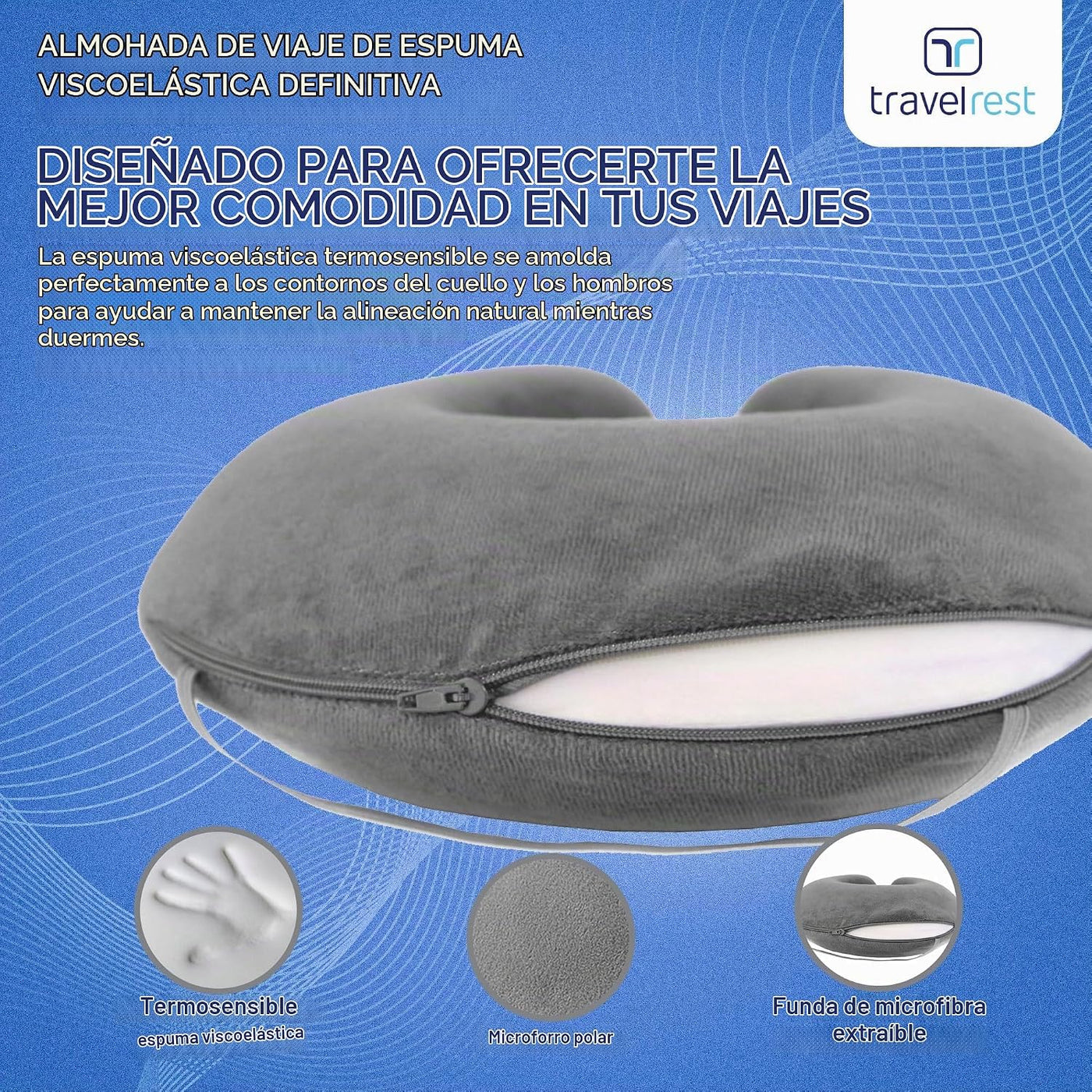 Almohada terapéutica de viaje Travelrest, viscoelástica, de felpa,...