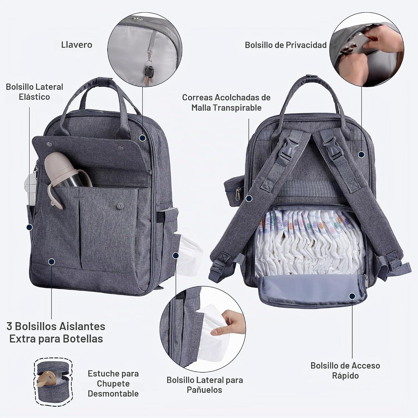 Bolso para pañales multifuncional Alllovely con bolsillos aislados...