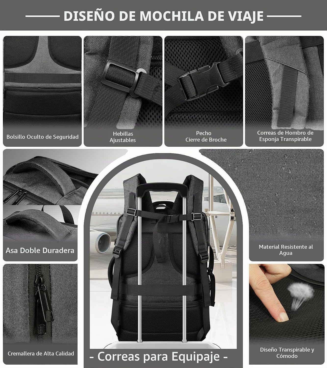 HULVION Mochila de viaje, mochila de mano expandible resistente al...