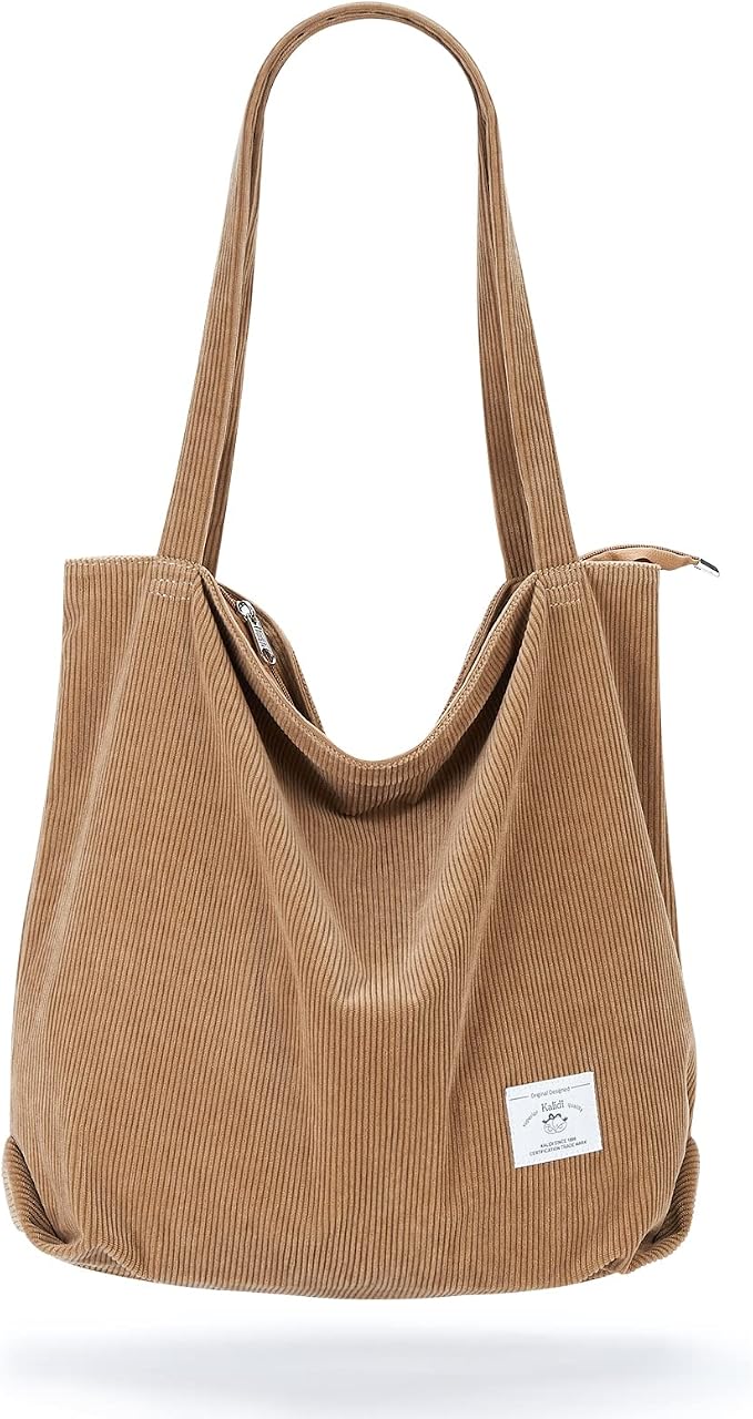 KALIDI Bolsa Tote de Pana con Cremallera Bolsa de Mano Casual Tote Bolsa de Hombro de Gran Capacidad con Bolsillos