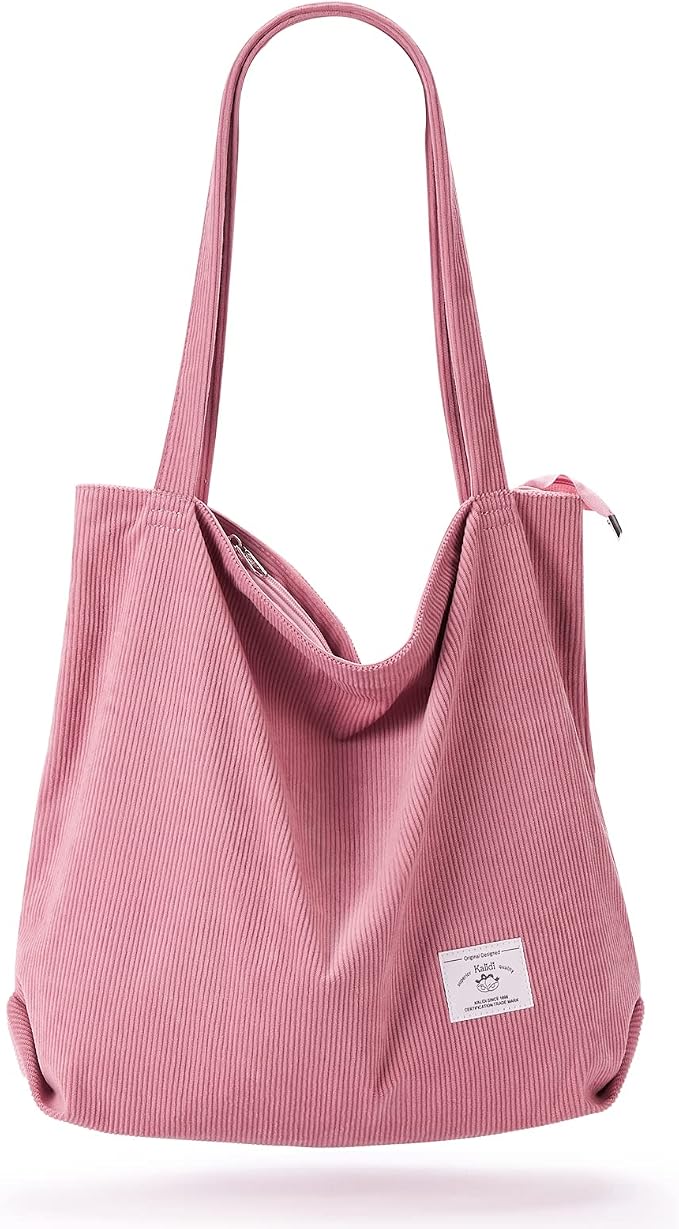 KALIDI Bolsa Tote de Pana con Cremallera Bolsa de Mano Casual Tote Bolsa de Hombro de Gran Capacidad con Bolsillos