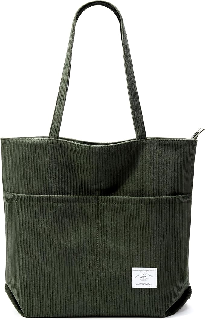 KALIDI Bolsa Tote de Pana con Cremallera Bolsa de Mano Casual Tote Bolsa de Hombro de Gran Capacidad con Bolsillos