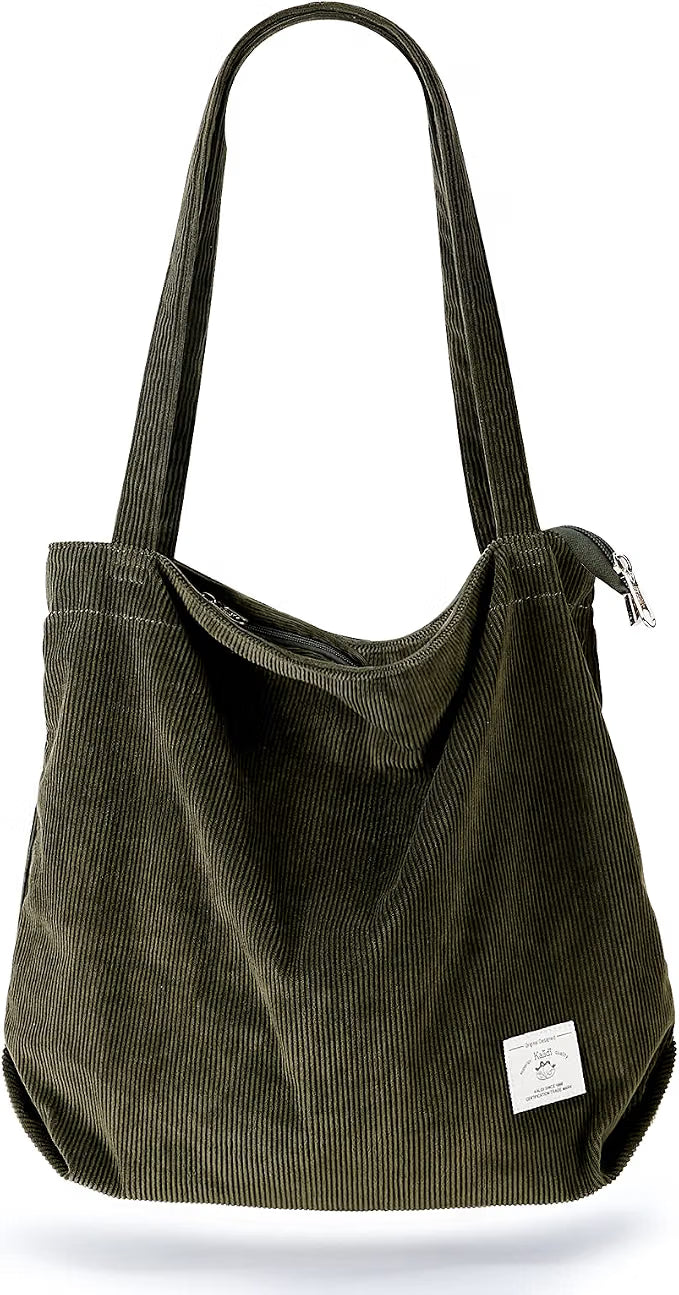 KALIDI Bolsa Tote de Pana con Cremallera Bolsa de Mano Casual Tote Bolsa de Hombro de Gran Capacidad con Bolsillos