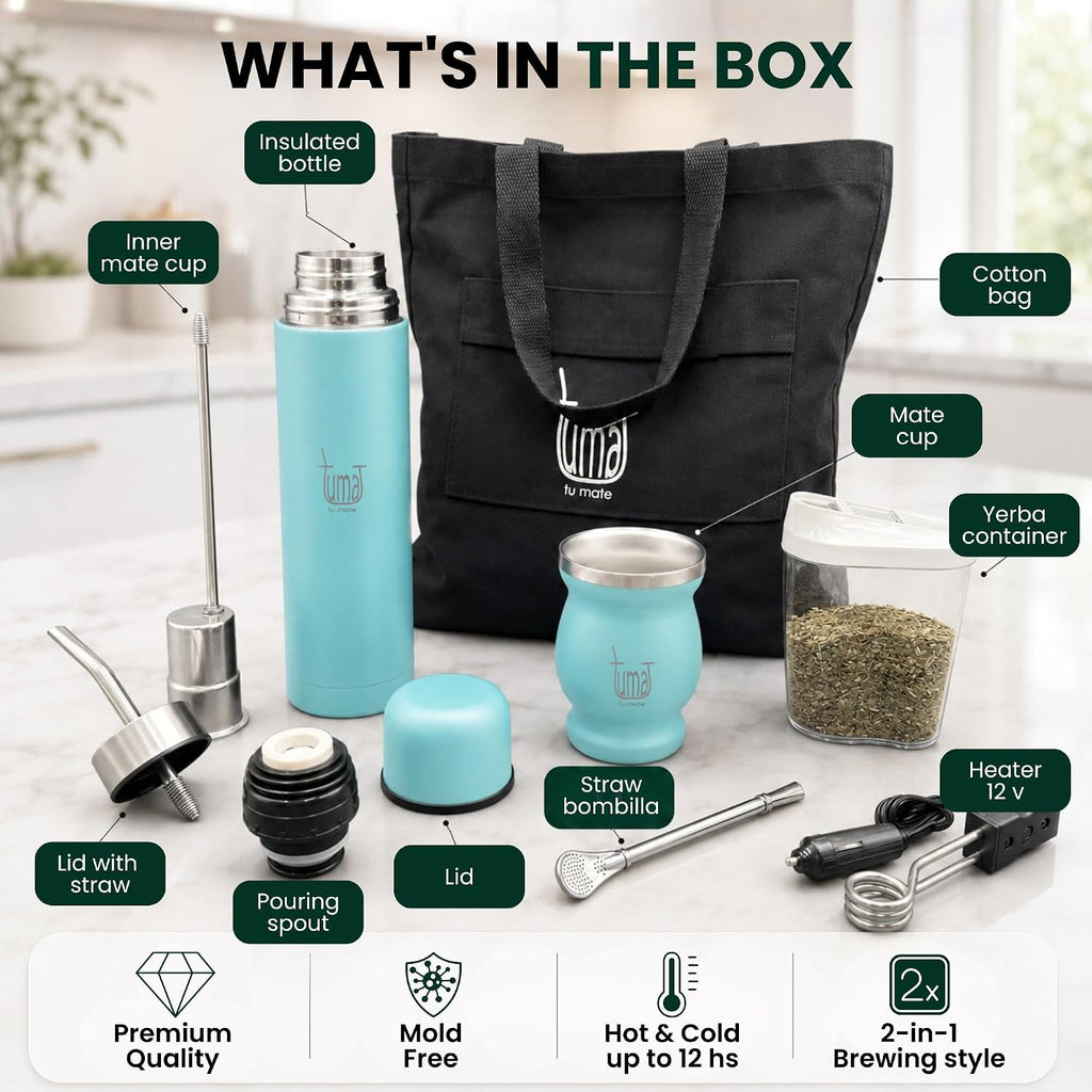 TUMA TU MATE Kit completo de yerba mate, botella térmica AutoMate de doble tapa, taza mate y bombilla, 25.4 fl oz de acero inoxidable de doble pared, bolsa de lona, contenedor Yerbero y calentador