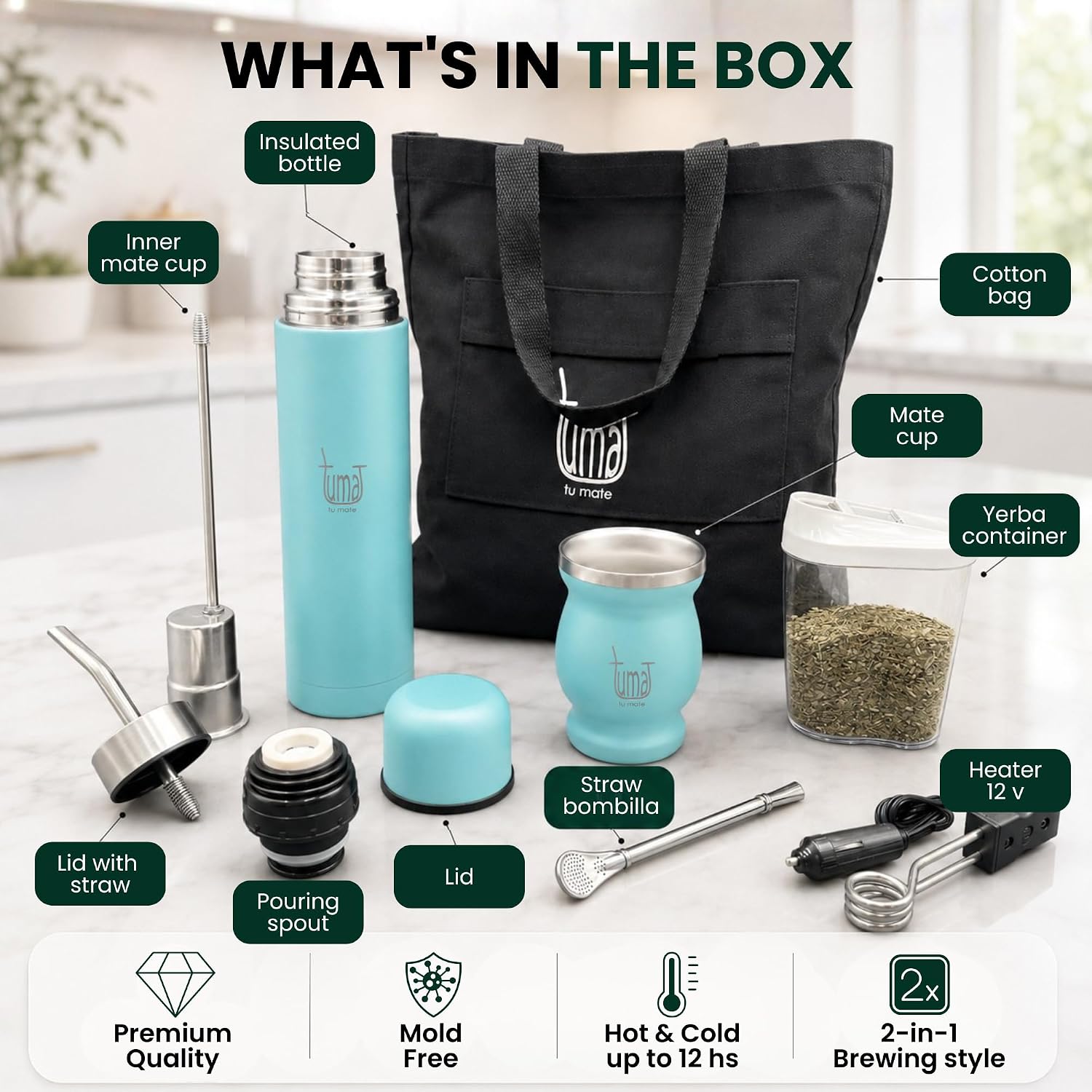 TUMA TU MATE Kit completo de yerba mate, botella térmica AutoMate de doble tapa, taza mate y bombilla, 25.4 fl oz de acero inoxidable de doble pared, bolsa de lona, contenedor Yerbero y calentador