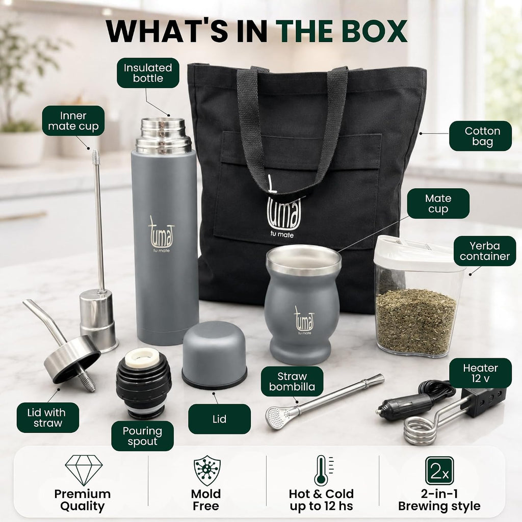 TUMA TU MATE Kit completo de yerba mate, botella térmica AutoMate de doble tapa, taza mate y bombilla, 25.4 fl oz de acero inoxidable de doble pared, bolsa de lona, contenedor Yerbero y calentador