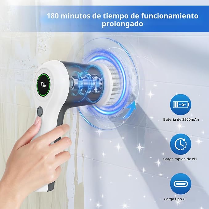 PUFTEM estropajo eléctrico giratorio, estropajo de ducha inalámbrico con pantalla de nivel de batería, estropajo eléctrico de 2 velocidades para limpieza con 6 cabezales reemplazables