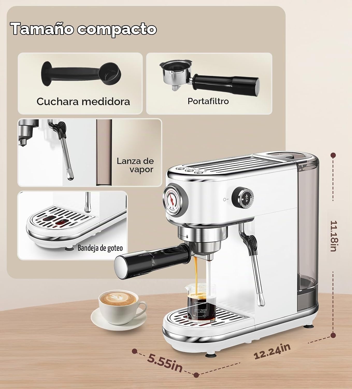 atatix Máquina de Espresso de 20 Bar con Espumador de Leche, Cafetera de Espresso Compacta, Máquina de Café de Acero Inoxidable con Control Preciso de Temperatura y Tanque de Agua Extraíble de 44 oz