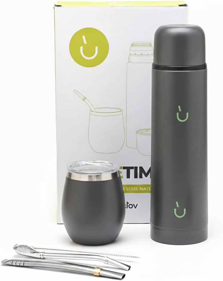 BALIBETOV Juego completo de yerba mate – Calabaza mate moderna, frasco térmico, bombilla y cepillo de limpieza incluidos, todo acero inoxidable 304 18/8 de alta calidad (gris)
