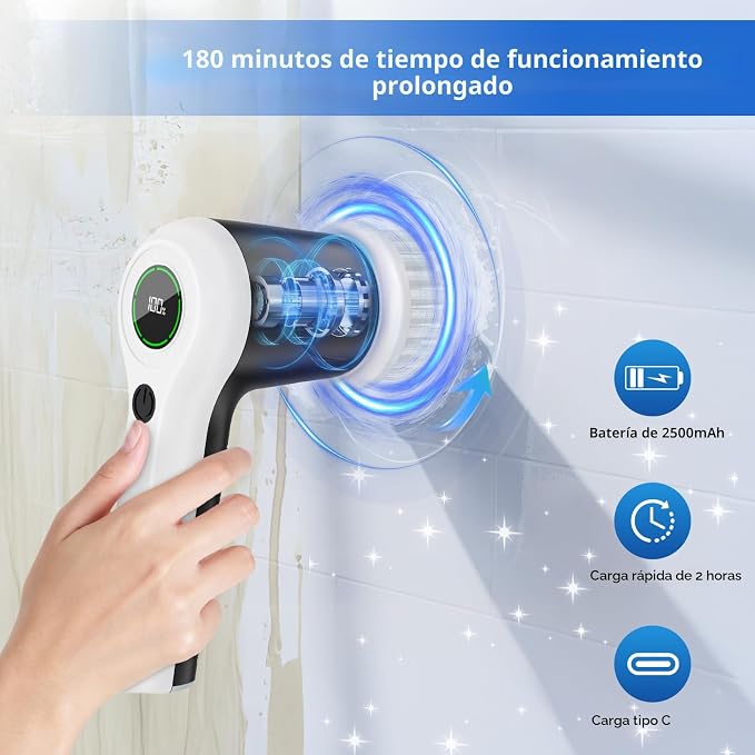 PUFTEM estropajo eléctrico giratorio, estropajo de ducha inalámbrico con pantalla de nivel de batería, estropajo eléctrico de 2 velocidades para limpieza con 6 cabezales reemplazables