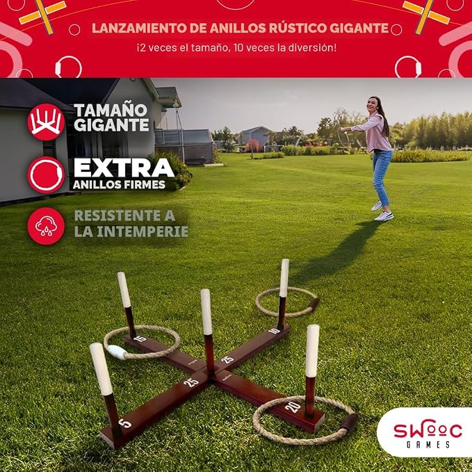 Swooc Juegos - Juego rústico de lanzamiento de anillos (todo tipo de clima) - Fácil configuración y juegos adicionales incluidos - Juego de lanzamiento de anillos para adultos