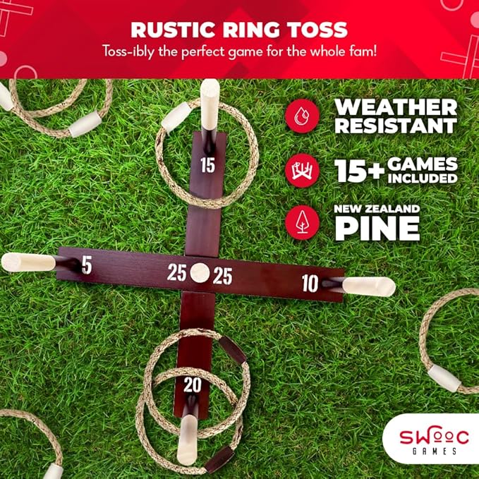 Swooc Juegos - Juego rústico de lanzamiento de anillos (todo tipo de clima) - Fácil configuración y juegos adicionales incluidos - Juego de lanzamiento de anillos para adultos - Actividades al aire