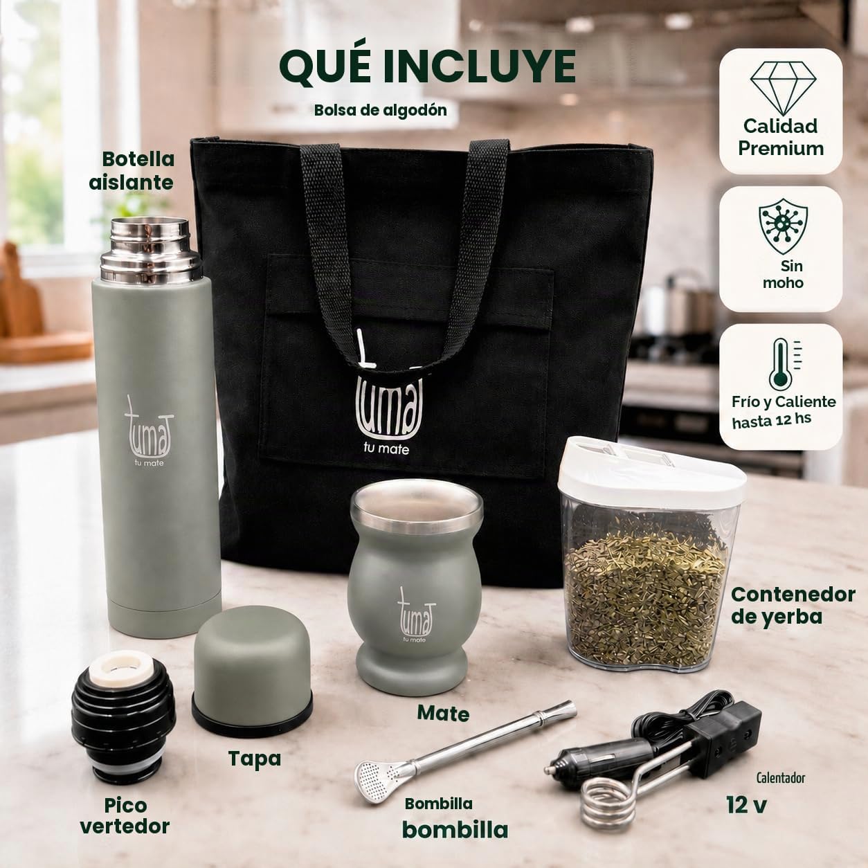 Kit completo de yerba mate – Incluye taza mate, popote (Bombilla), termo de 25.4 fl oz, bolsa y dos regalos (contenedor de yerbero y calentador de inmersión para automóvil)