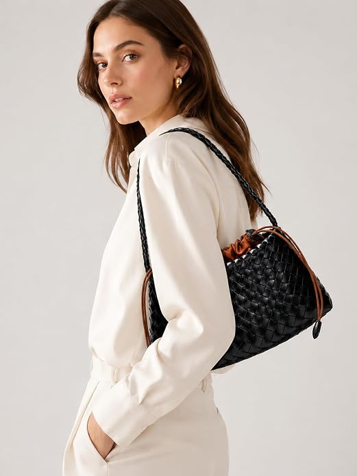 olso pequeño tejido para mujer, bolso de hombro de piel vegana, bolsa de mano holgada con bolsa interior con cordón, bolso para las axilas