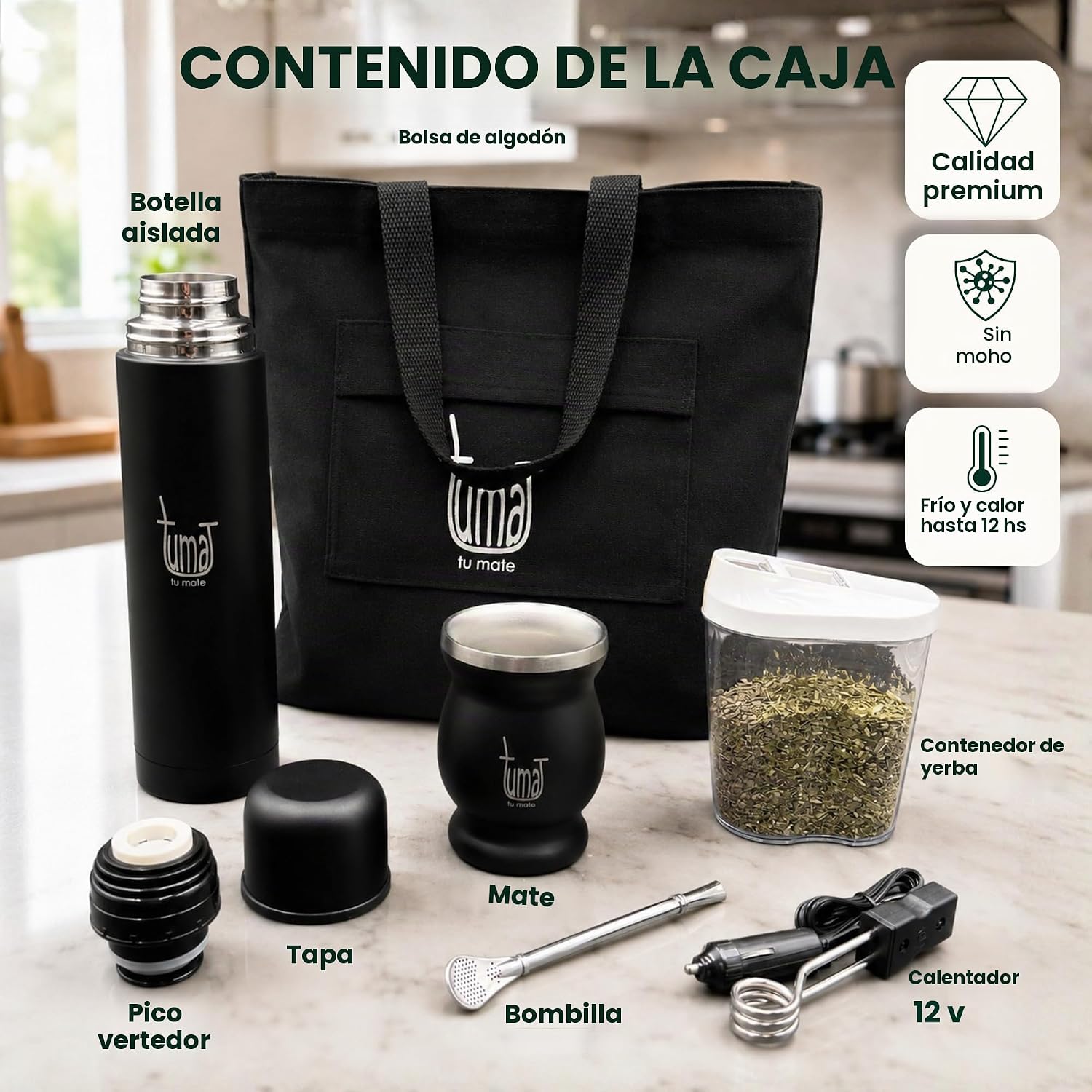 Kit completo de yerba mate, incluye taza mate, popote (Bombilla), termo de 25.4 fl oz, bolsa y dos regalos (contenedor de yerbero y calentador de inmersión para automóvil)