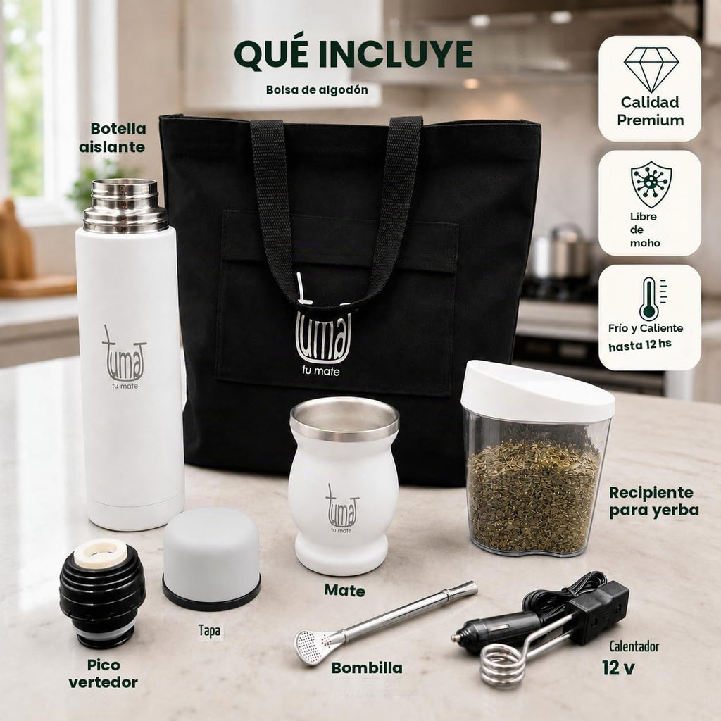 Kit completo de yerba mate, incluye taza mate, pajita (Bombilla), termo de 750ml (25.4 fl oz), bolsa y dos regalos (contenedor de yerbero y calentador de inmersión para automóvil), juego de yerba mate