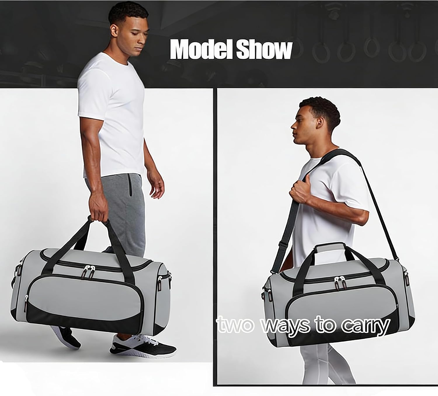 Bolsa de gimnasio, 55 L, duradera, grande, para viajes, entrenamiento, fitness y deporte, Gris, Versátil, deportivo y chic