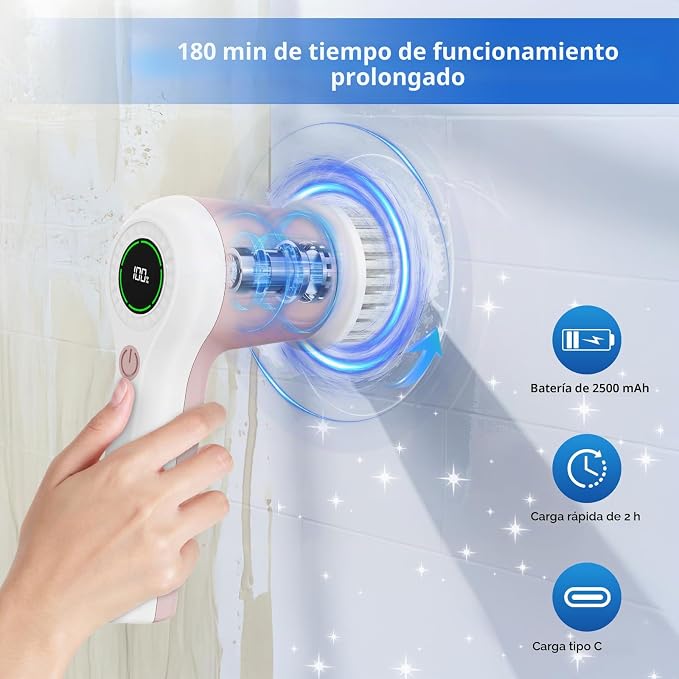 PUFTEM Cepillo Eléctrico Giratorio, Cepillo de Ducha Inalámbrico con Pantalla de Nivel de Batería, Cepillo Eléctrico de 2 Velocidades para Limpieza con 6 Cabezales Reemplazables, Cepillo de Limpieza