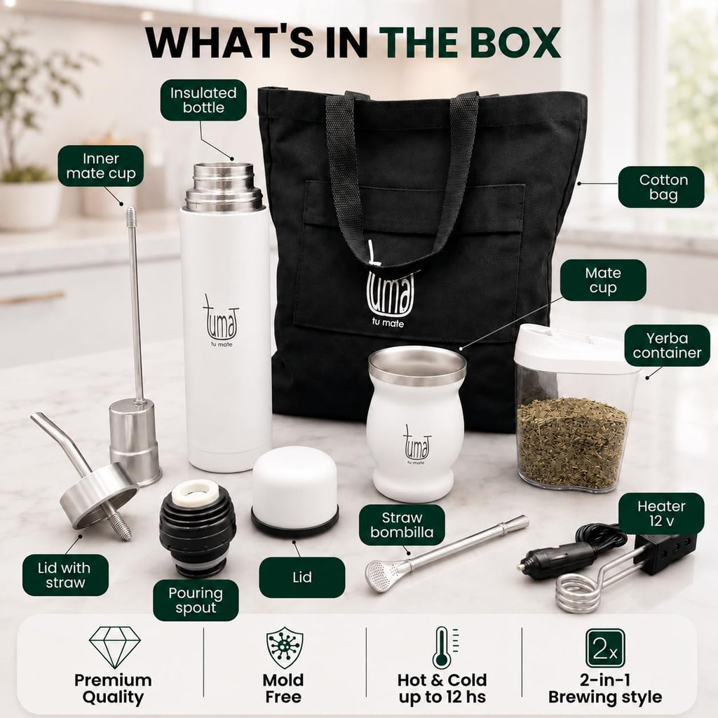 TUMA TU MATE Kit completo de yerba mate, botella térmica AutoMate de doble tapa, taza mate y bombilla, 25.4 fl oz de acero inoxidable de doble pared, bolsa de lona, contenedor Yerbero y calentador