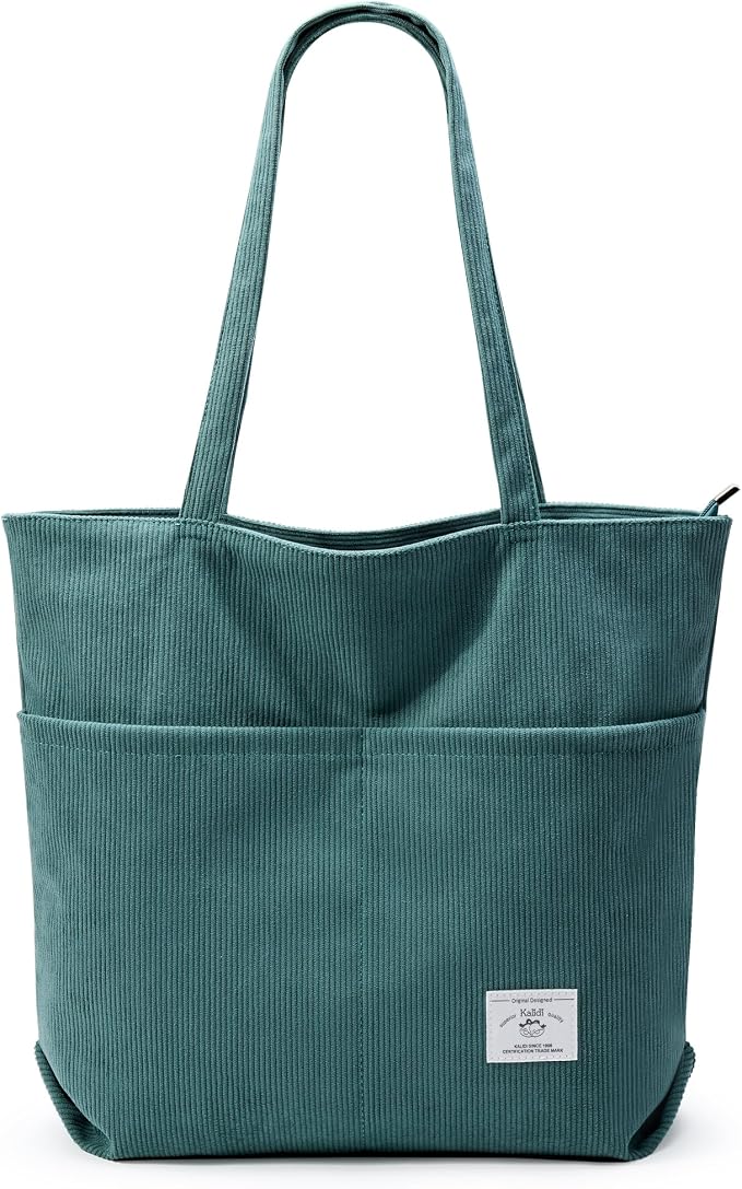 KALIDI Bolsa Tote de Pana con Cremallera Bolsa de Mano Casual Tote Bolsa de Hombro de Gran Capacidad con Bolsillos