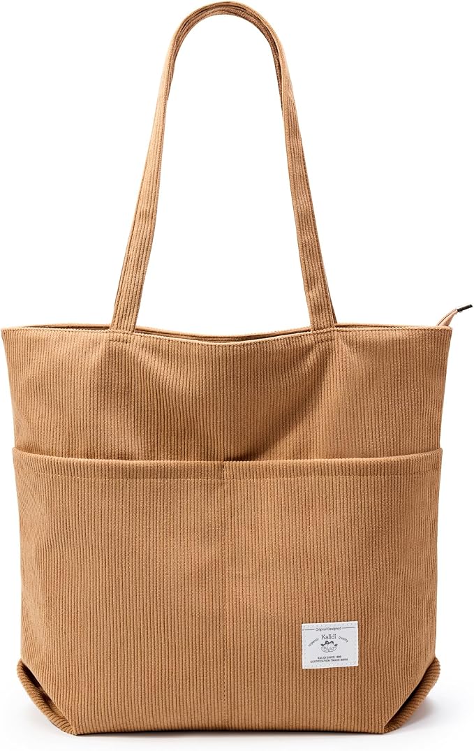 KALIDI Bolsa Tote de Pana con Cremallera Bolsa de Mano Casual Tote Bolsa de Hombro de Gran Capacidad con Bolsillos