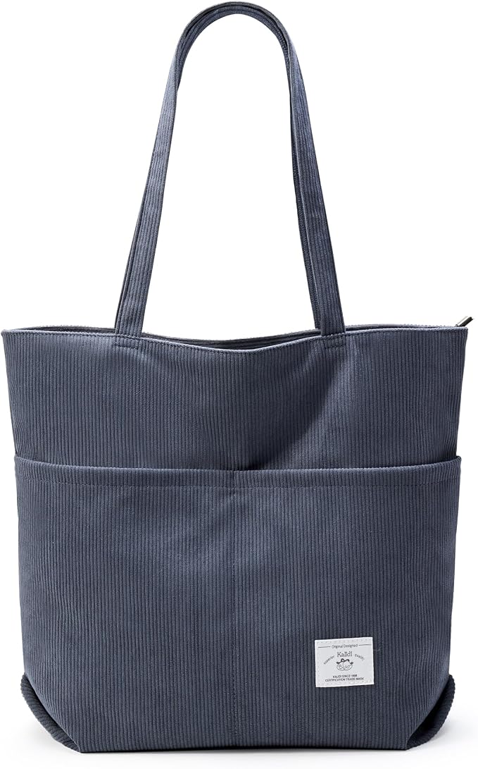KALIDI Bolsa Tote de Pana con Cremallera Bolsa de Mano Casual Tote Bolsa de Hombro de Gran Capacidad con Bolsillos