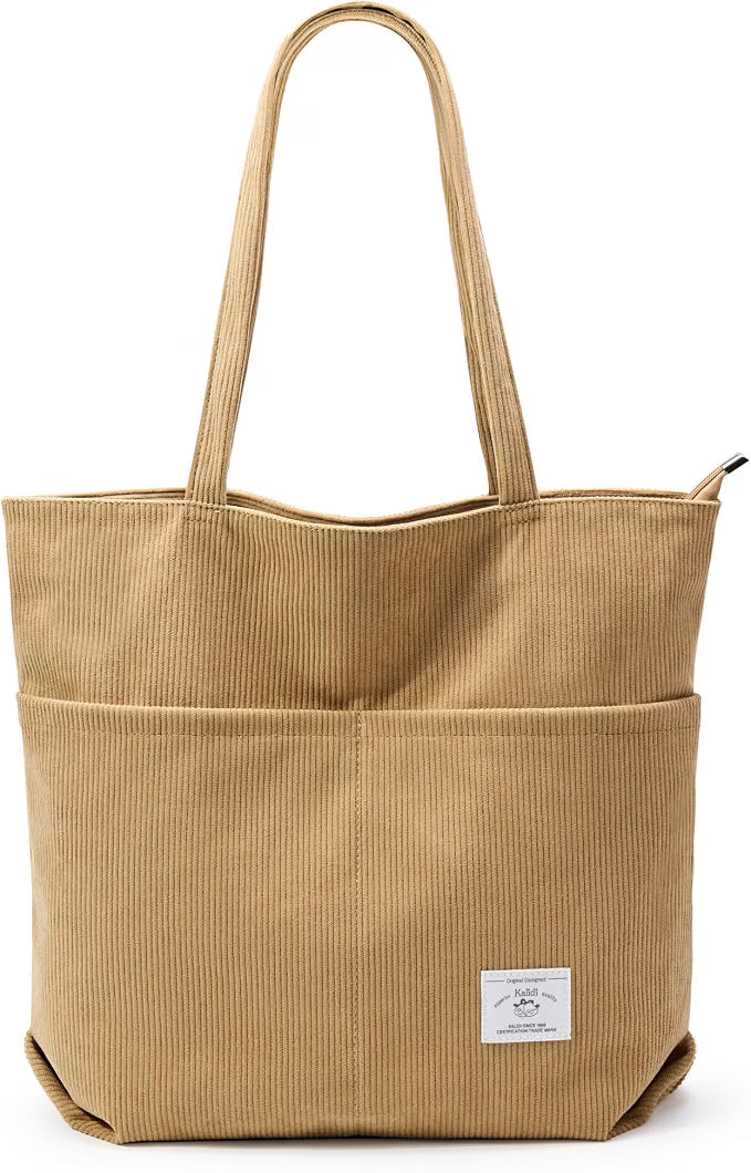 KALIDI Bolsa Tote de Pana con Cremallera Bolsa de Mano Casual Tote Bolsa de Hombro de Gran Capacidad con Bolsillos