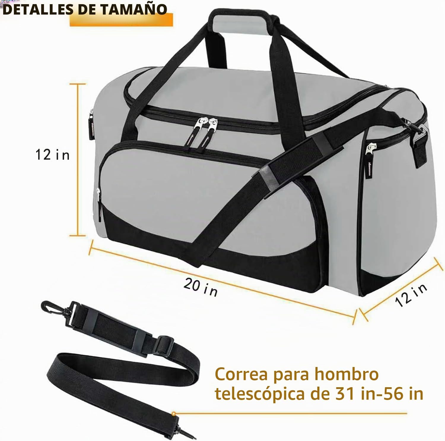 Bolsa de gimnasio, 55 L, duradera, grande, para viajes, entrenamiento, fitness y deporte, Gris, Versátil, deportivo y chic