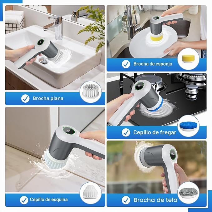 PUFTEM estropajo eléctrico giratorio, estropajo de ducha inalámbrico con pantalla de nivel de batería, estropajo eléctrico de 2 velocidades para limpieza con 6 cabezales reemplazables