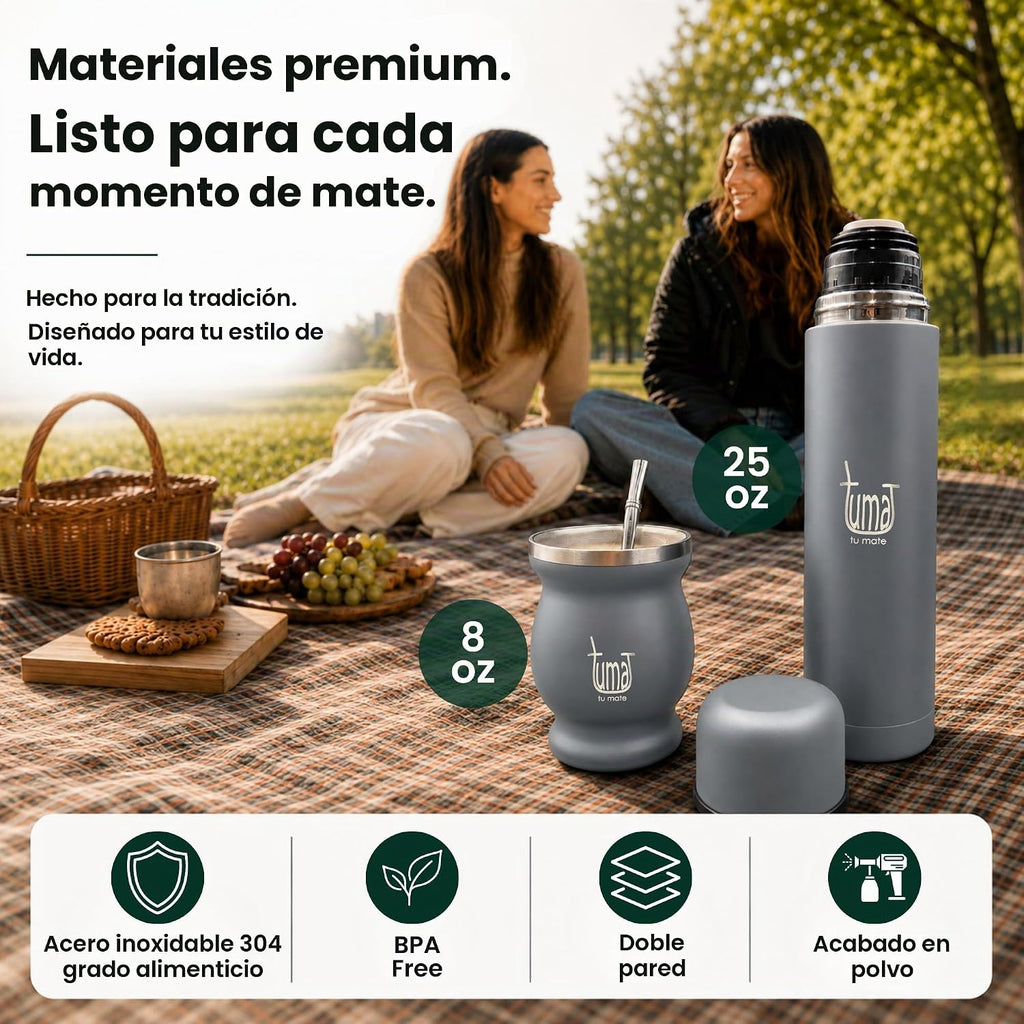 TUMA TU MATE Kit completo de yerba mate, botella térmica AutoMate de doble tapa, taza mate y bombilla, 25.4 fl oz de acero inoxidable de doble pared, bolsa de lona, contenedor Yerbero y calentador