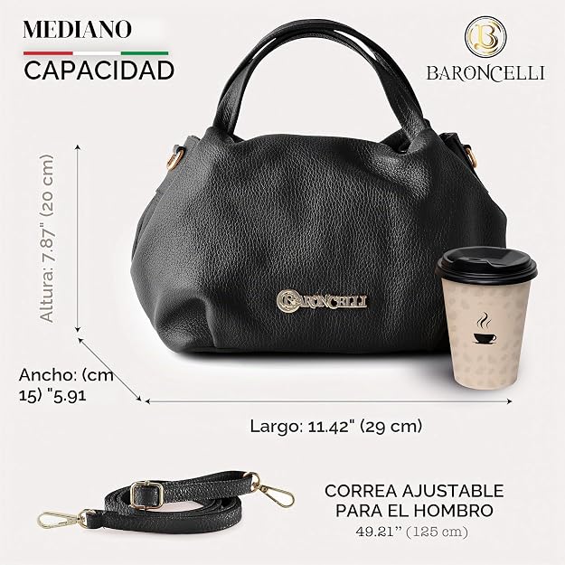 Bandolera Baroncelli de cuero italiano, de piel suave auténtica de tamaño mediano